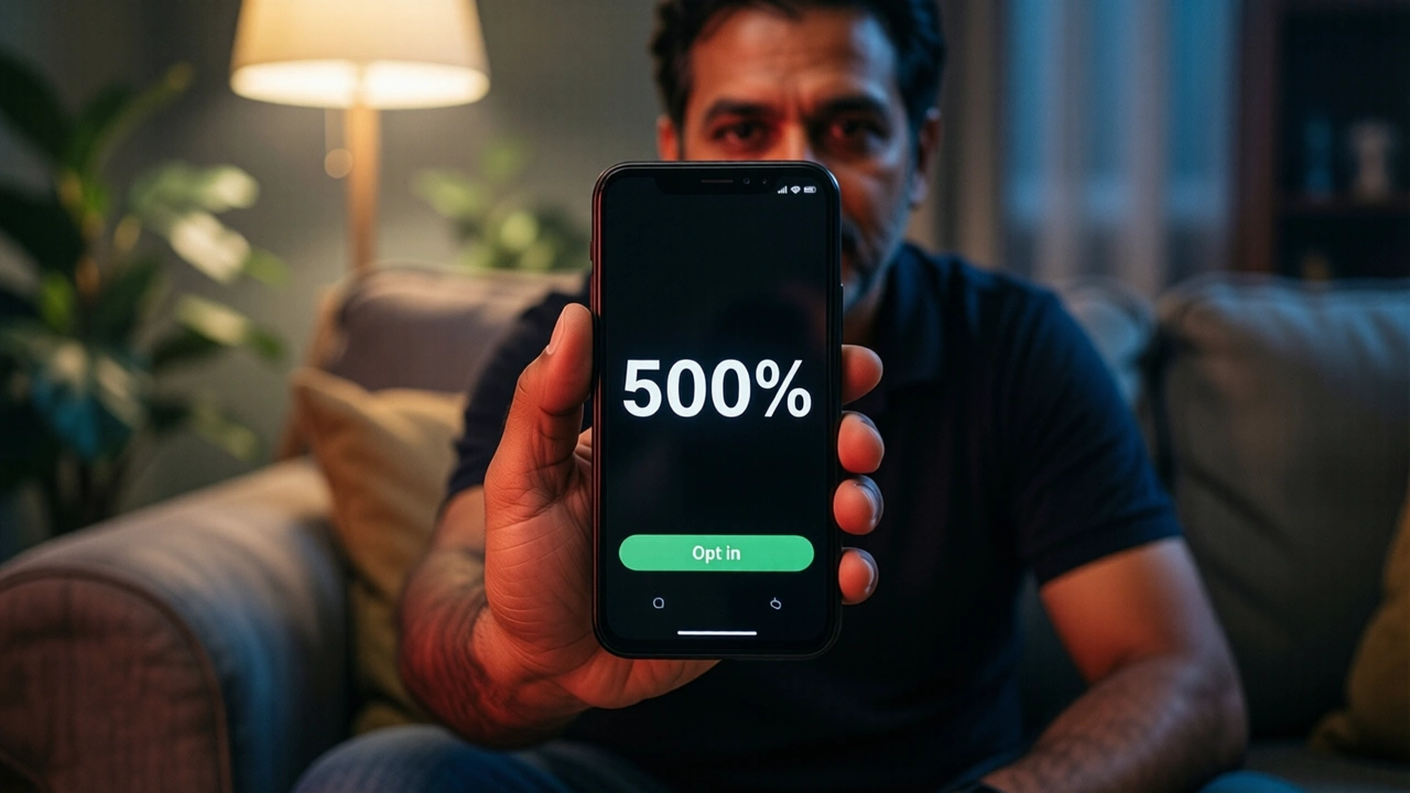 Close view of an Indian man in his forties sitting on a sofa at home in the evening, seen from the side at eye level, looking at the Android phone in his own right hand, the scene fills the frame, the phone screen is near-black with the large white figure "500%" in the middle and one wide green button under it reading "Opt in", soft lamp light, only one person and one phone