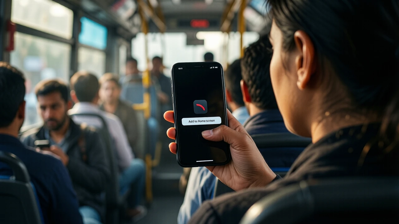 Over-the-shoulder view of an Indian woman in her late twenties on a crowded city bus in the morning, the scene fills the frame, her thumb resting on an Android phone home screen that is plain near-black with one rounded square icon showing a small crimson curve and a wide white label under it reading "Add to Home screen", only one person and one phone