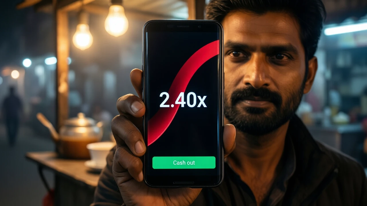 Close view of an Indian man in his thirties holding an Android phone upright at a roadside tea stall at night, the scene fills the frame, warm bulb light on his face, the phone screen is near-black with one smooth crimson curve rising to the upper right and the large white figure "2.40x" in the middle, one wide green button along the bottom of the screen reading "Cash out", only one person and one phone