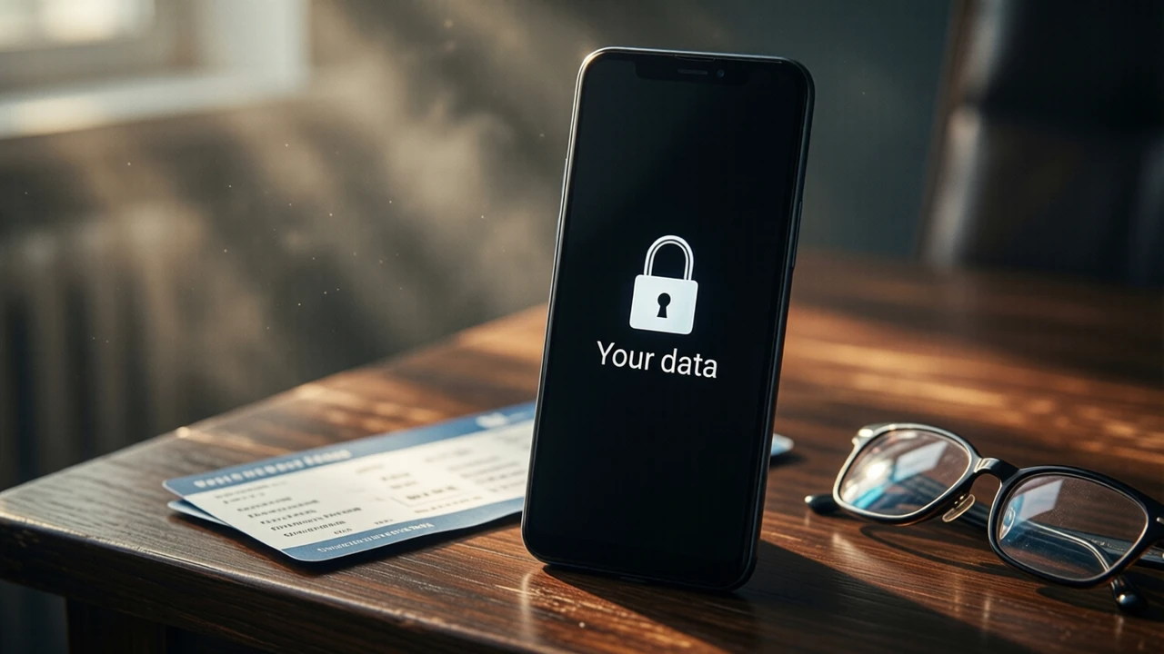 Close view of a slim Android phone standing upright on a dark wooden table beside a folded paper boarding pass and a pair of glasses, the whole phone screen is one flat near-black field with one closed white padlock in the centre and the words "Your data" under it in white