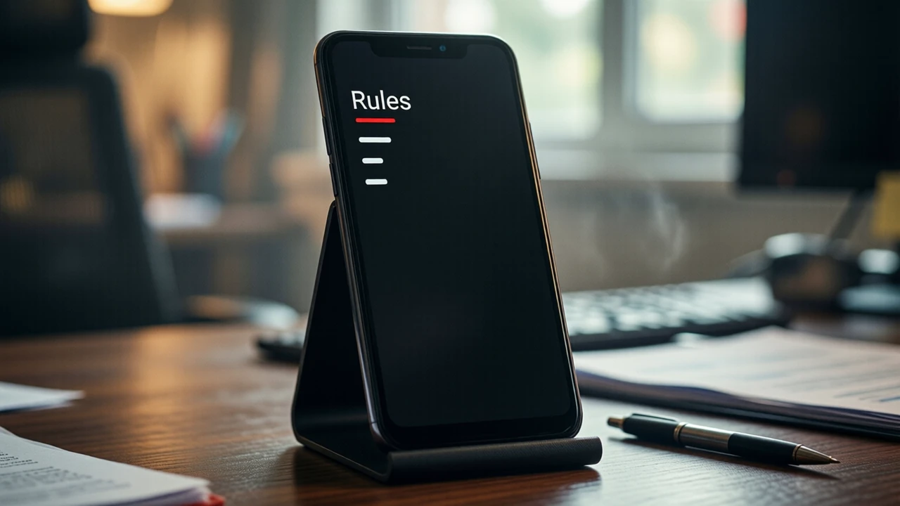 Close view of an Android phone standing upright in a dark stand on an office desk beside a pen, the whole phone screen is one flat near-black field with the white heading "Rules" at the top and three short white lines under it