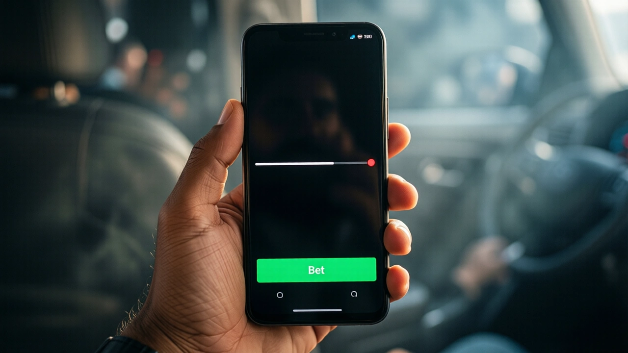 Before take-off: an Indian man's hand holding an Android phone, the phone screen is near-black with one thin white countdown bar across the middle and one wide vivid green button at the bottom reading "Bet", only one hand and one phone
