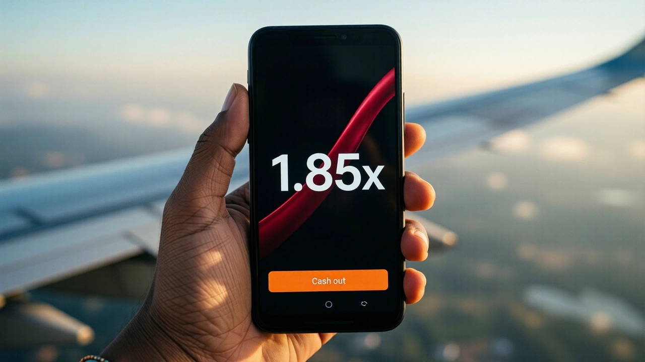 In flight: an Indian woman's hand holding an Android phone, the phone screen is near-black with one smooth crimson curve rising to the upper right and the large white figure "1.85x" in the middle, one wide orange button at the bottom reading "Cash out", only one hand and one phone