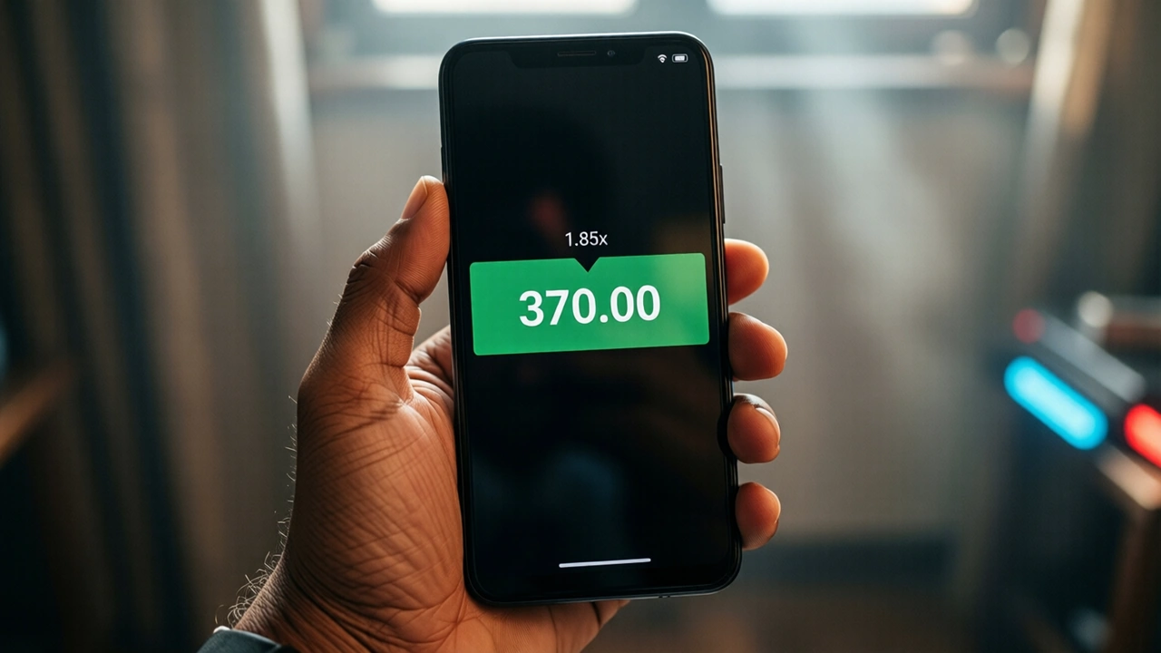 Cashed out: an Indian man's hand holding an Android phone, the phone screen is near-black with one wide green banner across the middle reading "370.00" and the small white figure "1.85x" above it, only one hand and one phone